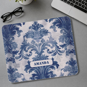 Eleganter Damast Blau toile de jouy Monogramm Mousepad