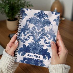 Eleganter Damast Blau toile de jouy Monogramm Notizblock