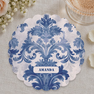 Eleganter Damast Blau Toile de Jouy Monogramm Untersetzer