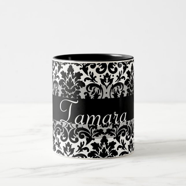 Eleganter Damast-Kalligraphieentwurf Zweifarbige Tasse (Mittel)