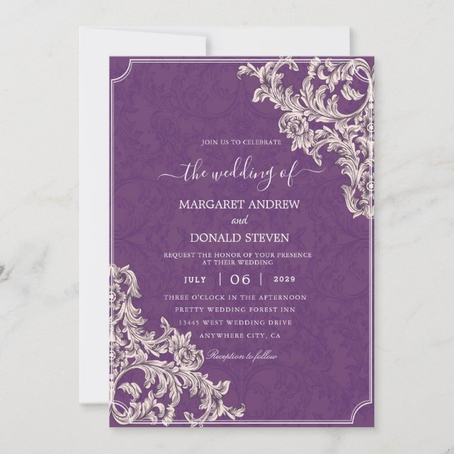 Eleganter Damast lila Hochzeitseinladungen Einladung (Vorderseite)