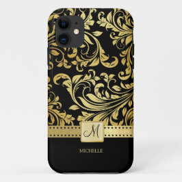 Eleganter Damast mit Monogramm. Schwarz-Gold. iPhone 11 Hülle