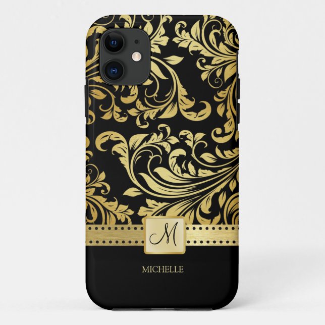 Eleganter Damast mit Monogramm. Schwarz-Gold. Case-Mate iPhone Hülle (Rückseite)