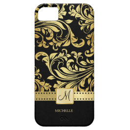 Eleganter Damast mit Monogramm. Schwarz-Gold. iPhone 11 Hülle