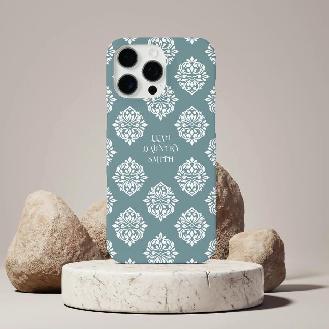 Eleganter Damast-Regency-Zinn-Blau iPhone 16 Pro Max Hülle (Von Creator hochgeladen)