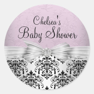 Eleganter Damast Rosa Baby Shower Aufkleber