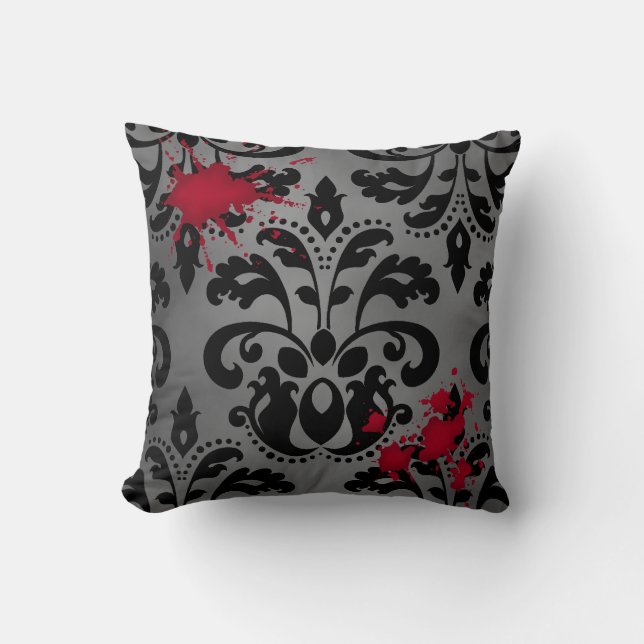 Eleganter Damast schwarz und grau mit Blut Hallowe Kissen (Vorderseite)