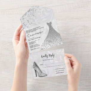 Eleganter Damast, silberner Stiletto & Ballkleid Q All In One Einladung