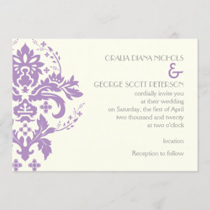 Eleganter Damastlavender, grau, Elfenbeinhochzeit Einladung