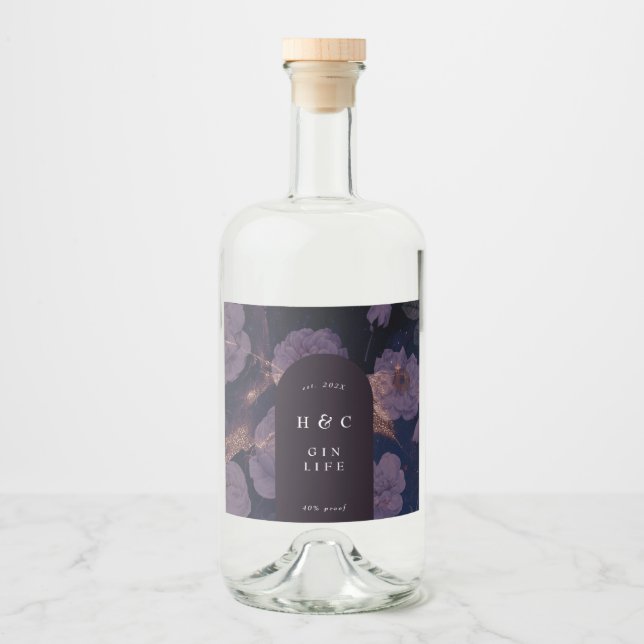 Eleganter Dark Boho Lila botanischer GIN Alkoholflaschenetikett (Vorderseite)