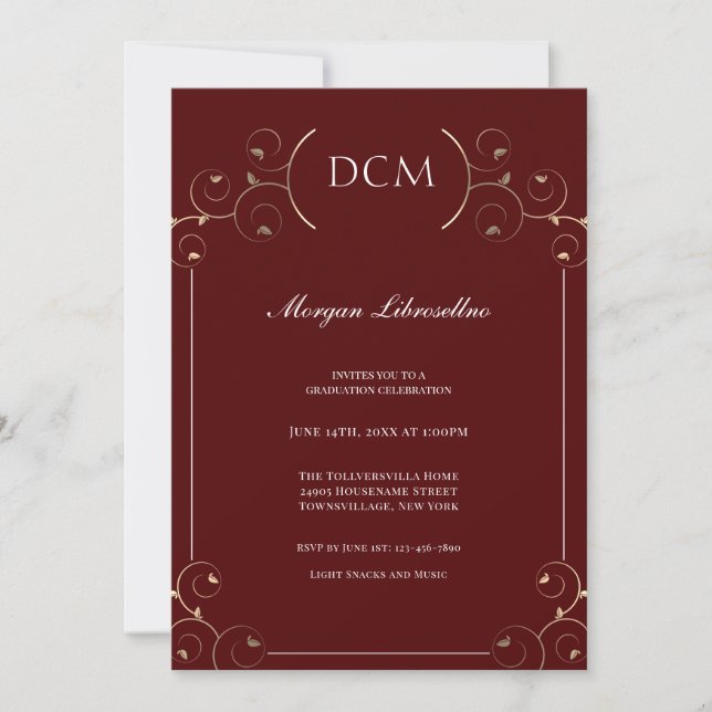 Eleganter DCM Gold Burgundy Abschluss Einladung (Vorderseite)