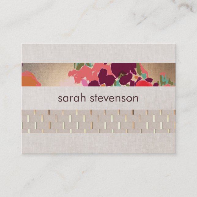 Eleganter Designer Floral Chic Gold & Linen Streif Visitenkarte (Vorderseite)