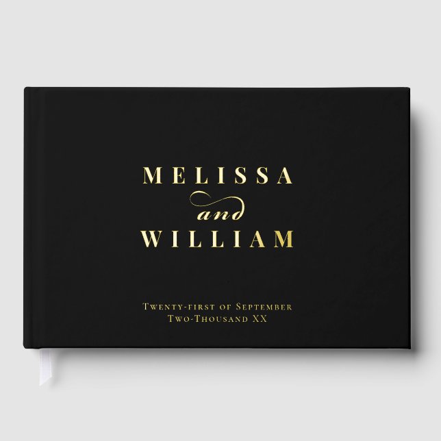 Eleganter Designer Gold Foil Moderne Schwarze Hoch Gästebuch (Vorderseite)