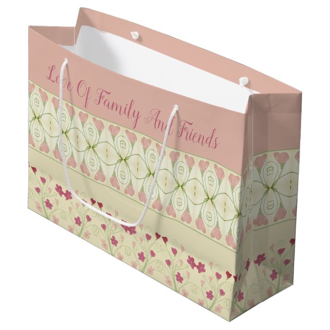 Eleganter Designer Rosa Herz Gemustert Große Geschenktüte (Vorderseite Schrägansicht)
