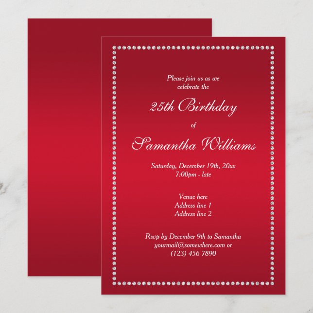 Eleganter Diamond Gerahmt Red Geburtstag Einladung (Vorne/Hinten)