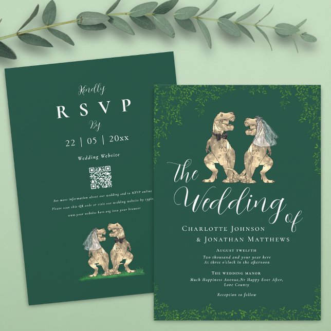 Eleganter Dinosaurier Grüner Hochzeits QR Code Einladung (T-Rex bride and groom funny dinosaur green and white wedding qr code invitation)