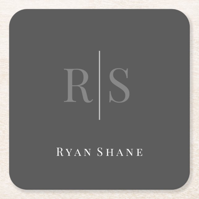 Eleganter DIY Gray Monogram & White Name, dunkelgr Rechteckiger Pappuntersetzer (Vorderseite)