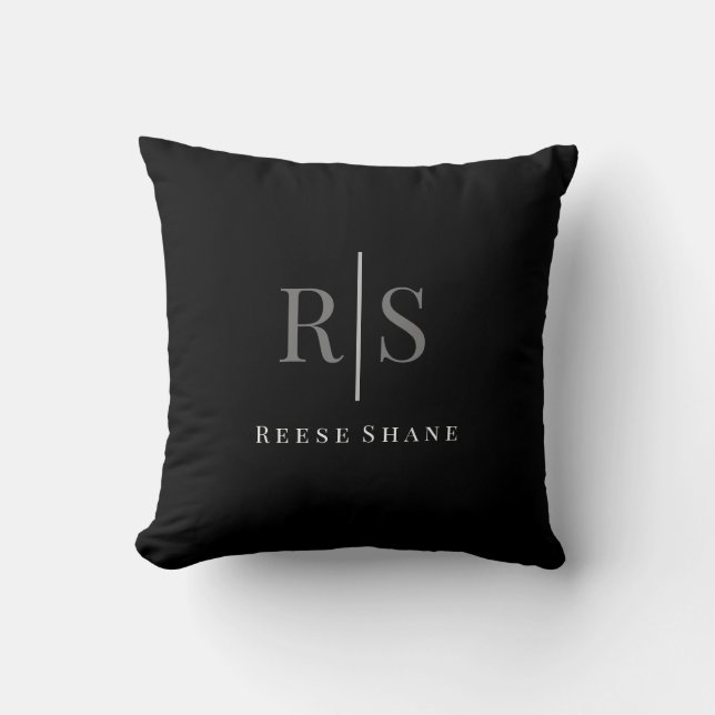 Eleganter DIY Gray Monogram & White Name, Schwarz Kissen (Vorderseite)