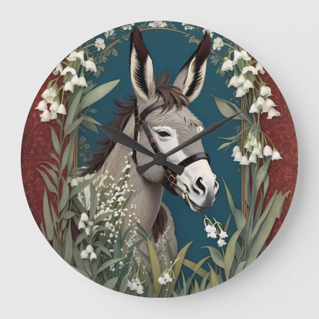 Eleganter Donkey und Lily The Valley Blume Große Wanduhr (Vorderseite)