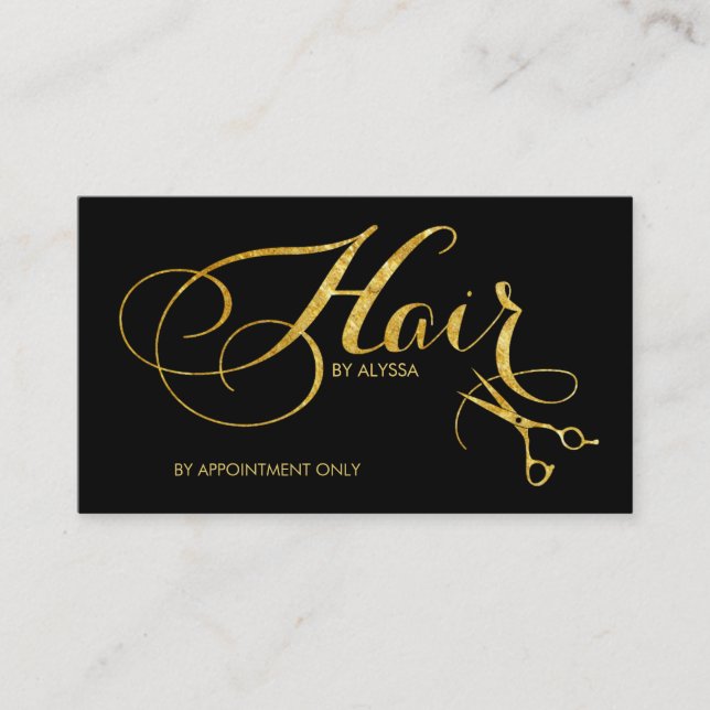Eleganter Druckgoldfolien-Skript-Haar-Stylist Visitenkarte (Vorderseite)