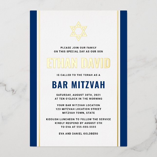 Eleganter dunkelblauer Bar mitzvah Star von David  Folieneinladung (Vorderseite)