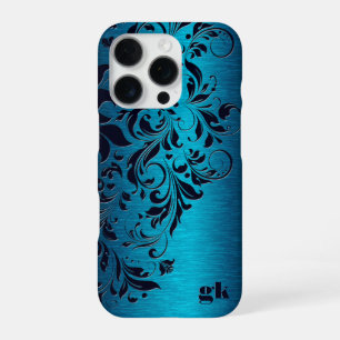 Eleganter dunkelblauer Blumenwirbel auf Metallic B iPhone 16 Pro Hülle
