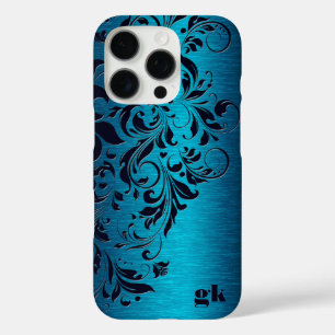 Eleganter dunkelblauer Blumenwirbel auf Metallic B iPhone 16 Pro Hülle