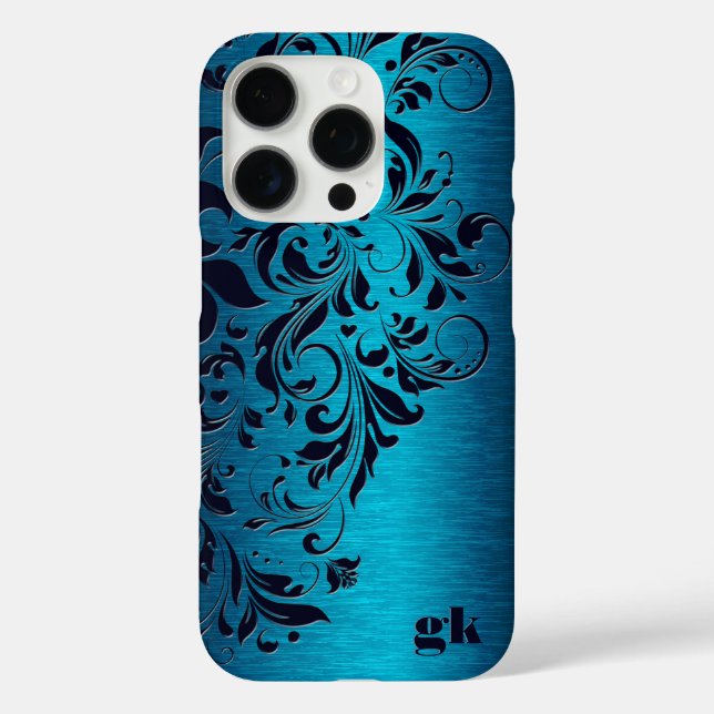 Eleganter dunkelblauer Blumenwirbel auf Metallic B iPhone 16 Pro Hülle (Rückseite)