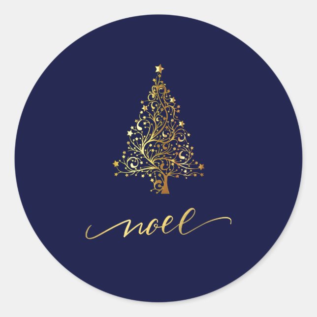 Eleganter dunkelblauer und goldener Weihnachtsbaum Runder Aufkleber (Vorderseite)