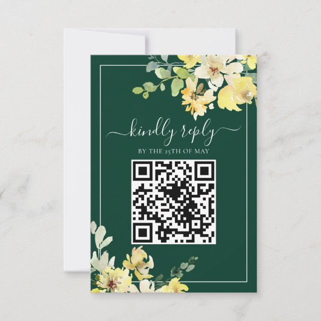 Eleganter Dunkelgrün-Gelb-Blüte QR-Code Hochzeit RSVP Karte (Vorderseite)