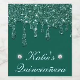 Eleganter Dunkelgrüner Dripping-Glitzer Quinceaner Weinetikett
