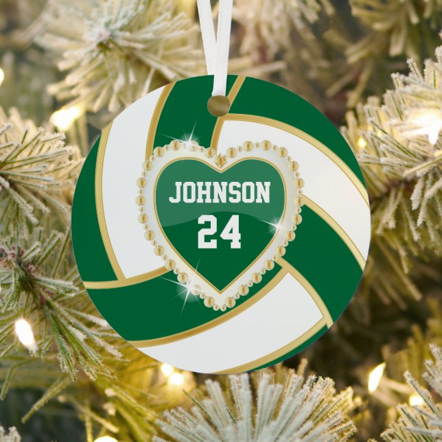 Eleganter Dunkelgrüner, Weiß und Gold Volleyball Ornament Aus Metall (InSitu)