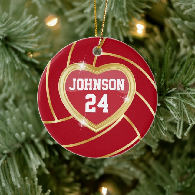 Eleganter Dunkelrot und Gold Volleyball Keramikornament (Baum)