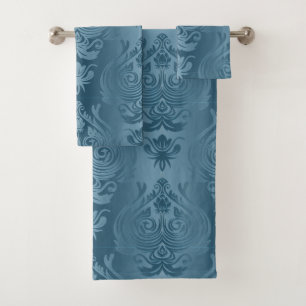 Eleganter dunkler cyan-blauer blauer Damast-Druck Badhandtuch Set