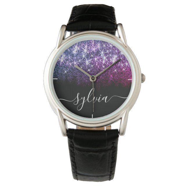 Eleganter, dunkler, dunkler Lila Glitzer Individue Armbanduhr (Vorderseite)