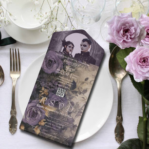 Eleganter dunkler gothischer lila Rosen Foto QR-Co All In One Einladung