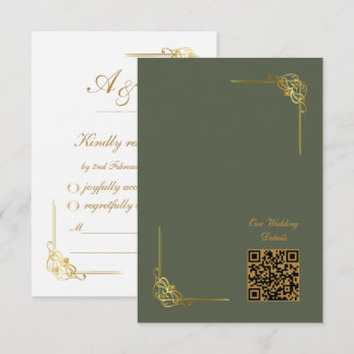 Eleganter dunkler Salbei-Gold-Hochzeits-Event-QR-C RSVP Karte