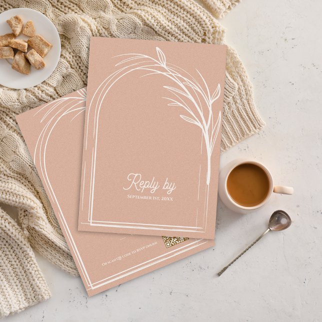 Eleganter Dust Rose Mit QR-Code Hochzeit Antwort V (Dusty Rose Minimalist Arch Botanical Wedding RSVP Card with QR Code | Romantic Wedding Reply Card)