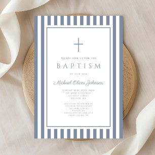 Eleganter Dusty Blue Kreuz Jungen Taufkleid Einladung