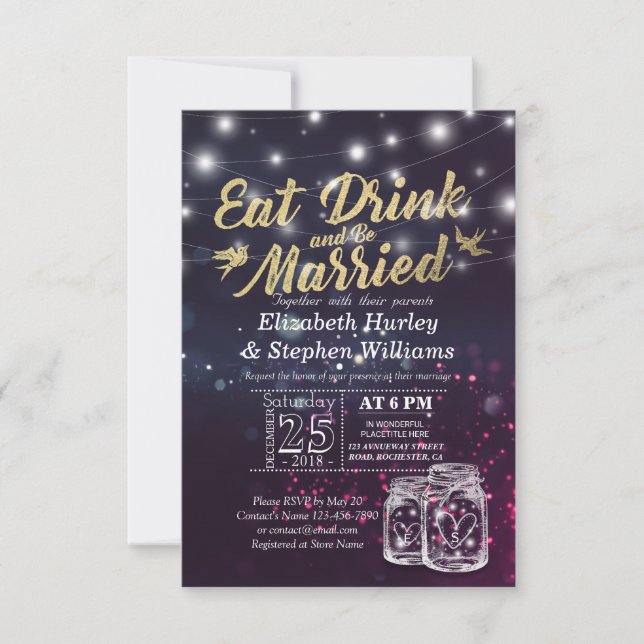Eleganter EAT Drink & Be Verheiratet Hochzeiten Ei Einladung (Vorderseite)