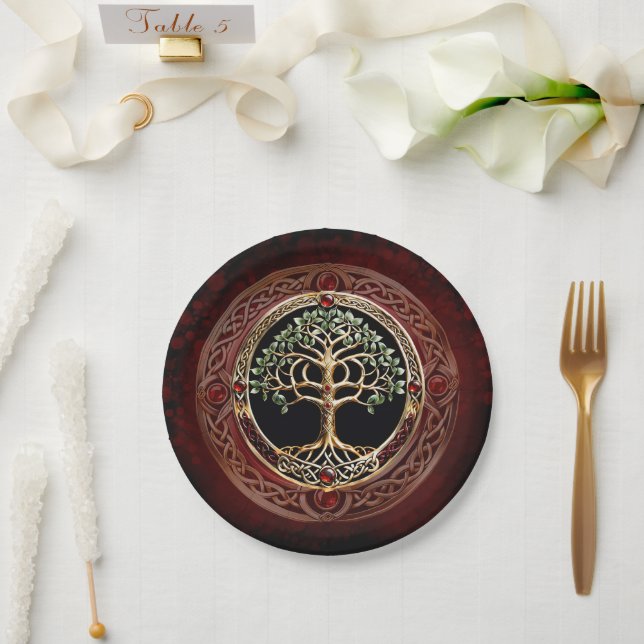 Eleganter edler Lebensbaum mit keltischem Knoten. Pappteller (Hochzeit)
