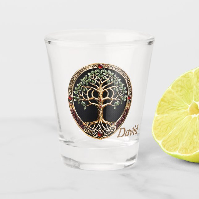 Eleganter edler Lebensbaum mit keltischem Knoten. Schnapsglas (Vorderseite)