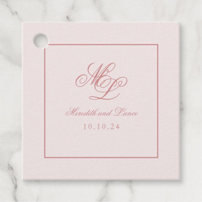 Eleganter einfacher quadratischer rosa Monogramm-T Geschenkanhänger (Vorderseite)