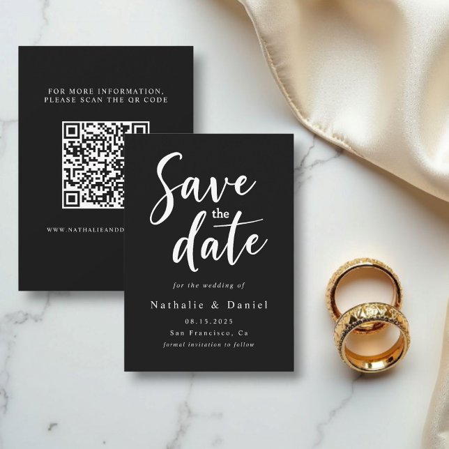 Eleganter einfacher Schwarz-Weiß-QR-Code Hochzeit Save The Date (Von Creator hochgeladen)