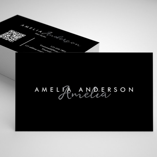 Eleganter einfacher Schwarz-weißer Script QR Code  Visitenkarte (Von Creator hochgeladen)