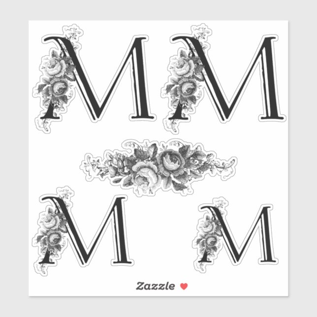 Eleganter, eingeprägter Floral Monogram Letter M Aufkleber (Blatt)
