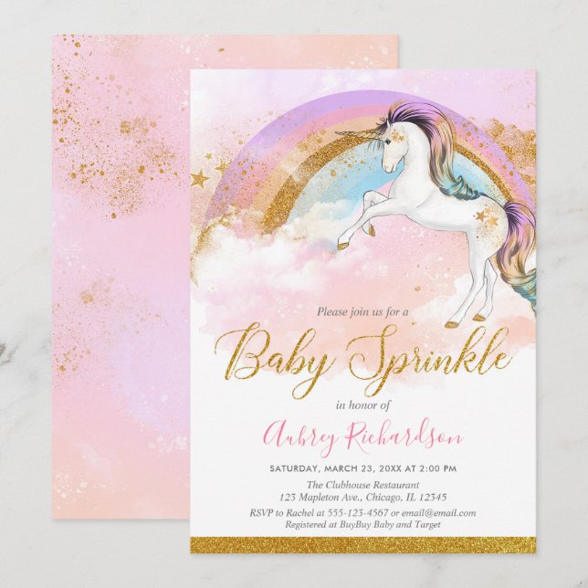 Eleganter Einhorn-Baby-Sprinkle-Mädchen pastellfar Einladung (Vorne/Hinten)