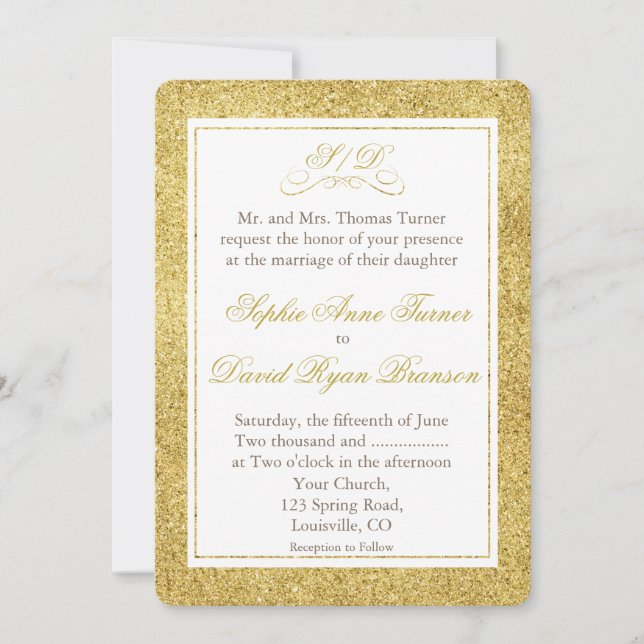 Eleganter Einladung zur Hochzeit in Gold und Weiß (Vorderseite)