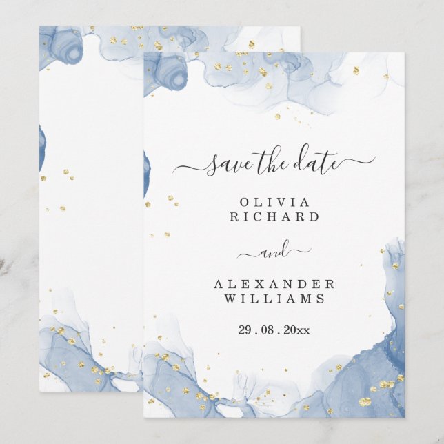 Eleganter Einladungs-Blauer und Gold-Minimal für H Save The Date (Vorne/Hinten)