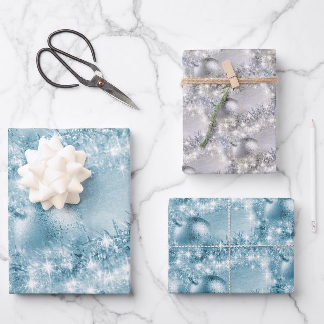 Eleganter Eisblau und Silberner Weihnachtsball Geschenkpapier Set (Vorderseite)